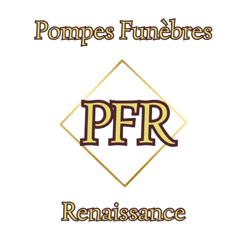 Logo des Pompes Funèbres Renaissance avec le sigle PFR au centre d'un losange doré.