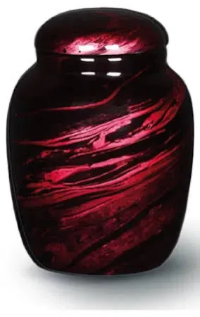 Urne cinéraire en résine avec motifs marbrés rouge bordeaux et noir.