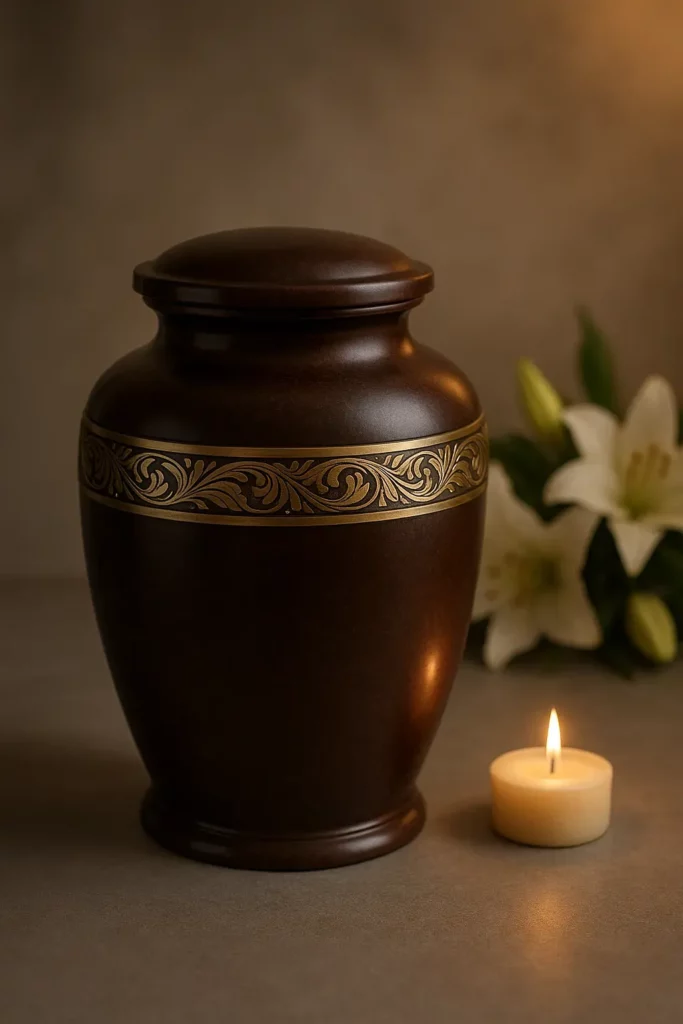 Urne funéraire en bronze avec frise dorée à côté d'une bougie et de lys blancs.